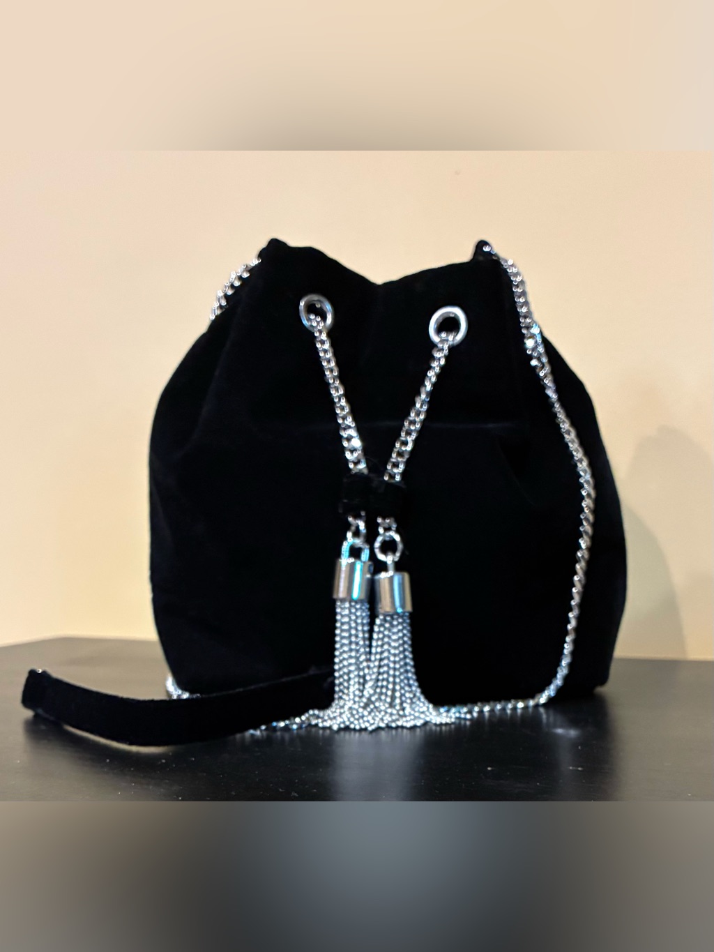 White House Black Market Purse Black Velvet Chain Drawstring And Tassels